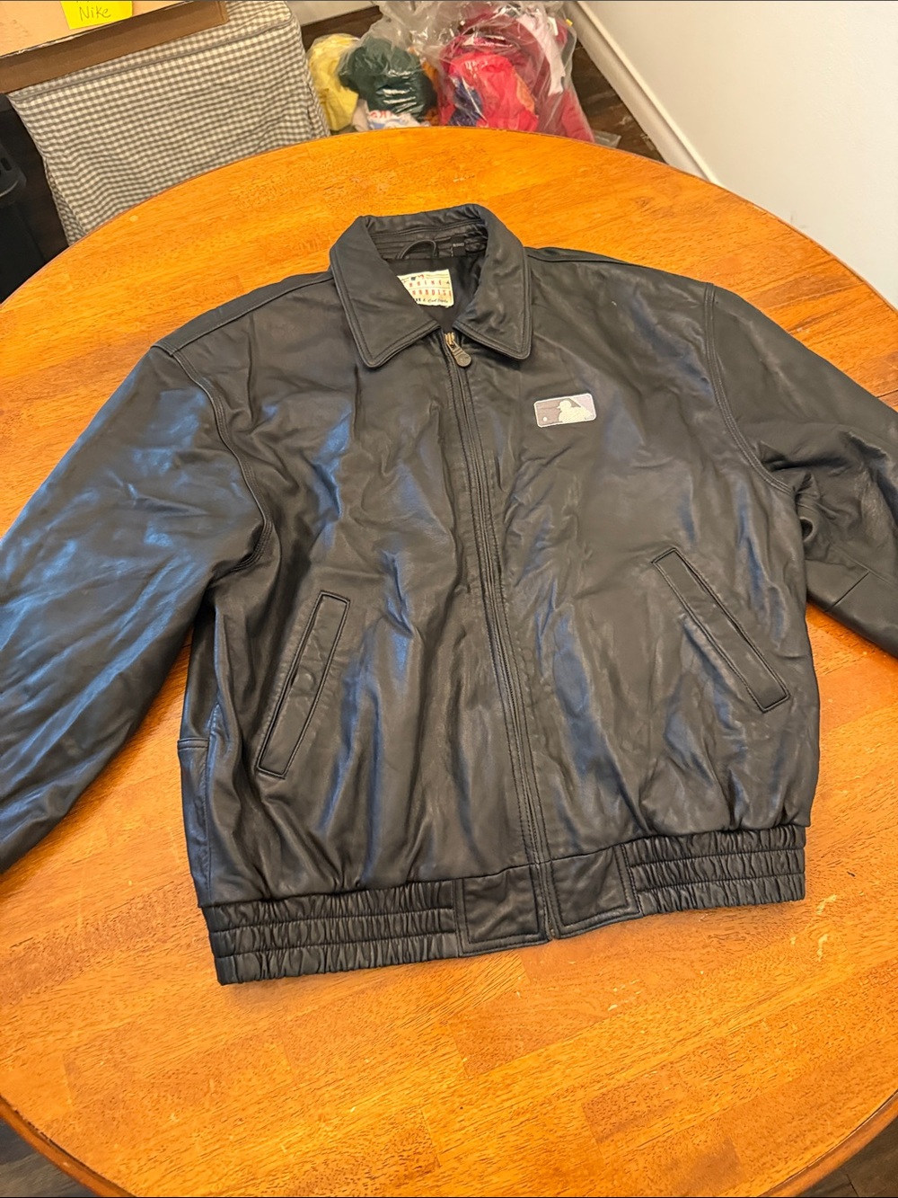 Black Leather Bomber Jacket with MLB Patch - Unbranded xl